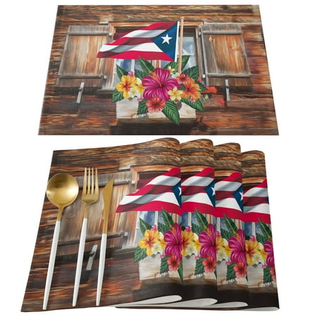 

Placemats Set of 6 for Dining Table Washable Placemats Non-Slip Stain Proof Kitchen Table Mats Easy to Clean Square Dinner Party Decor (Puerto Rico Flag and Hibiscus on Farm Barn Door)