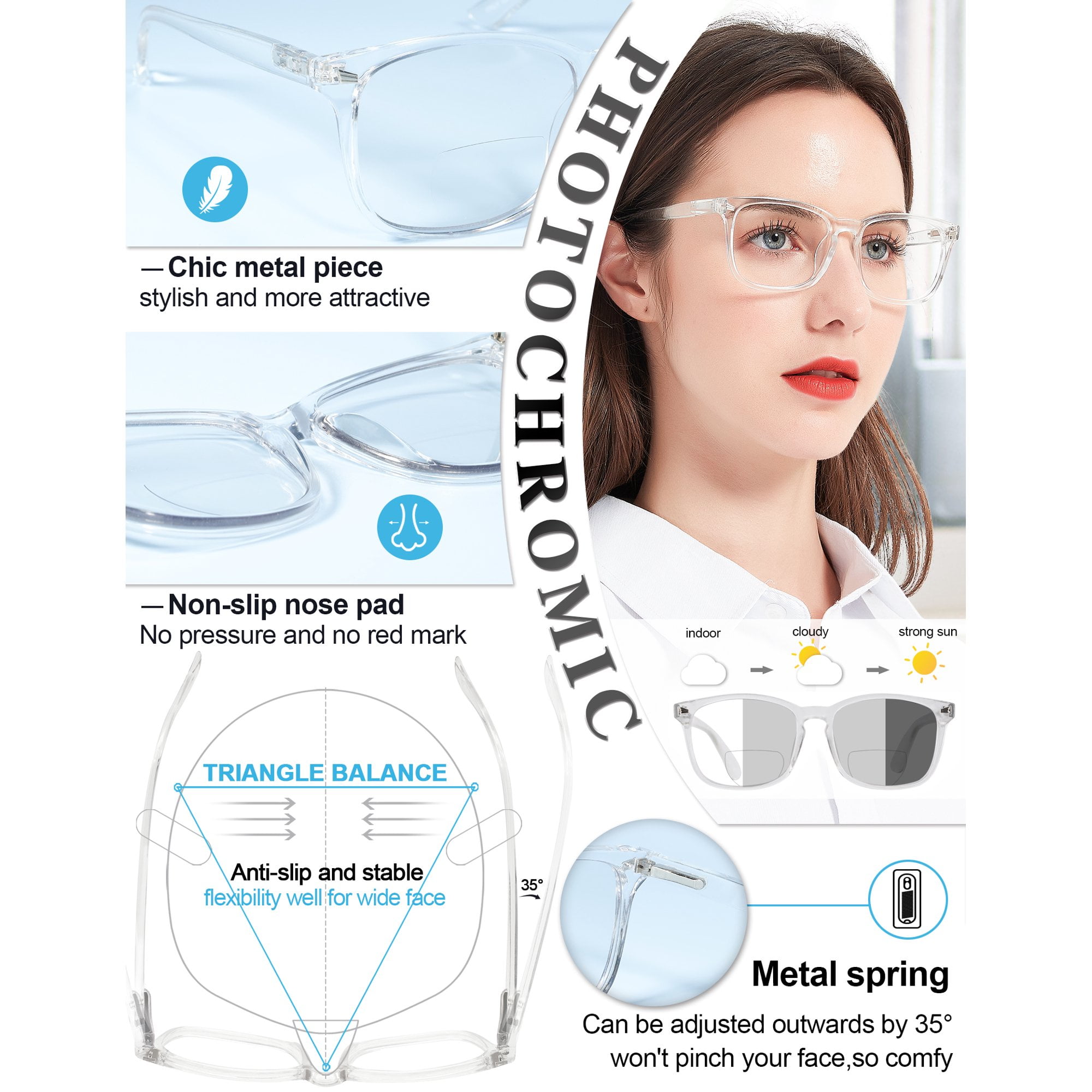 MARE AZZURO Photochromic Bifocal Reading Glasses Women Blue Light Blocking Square Readers Sunglasses 1.0 1.5 2.0 2.5 3.0 3.5 4.0 (Transparent, 3.50)