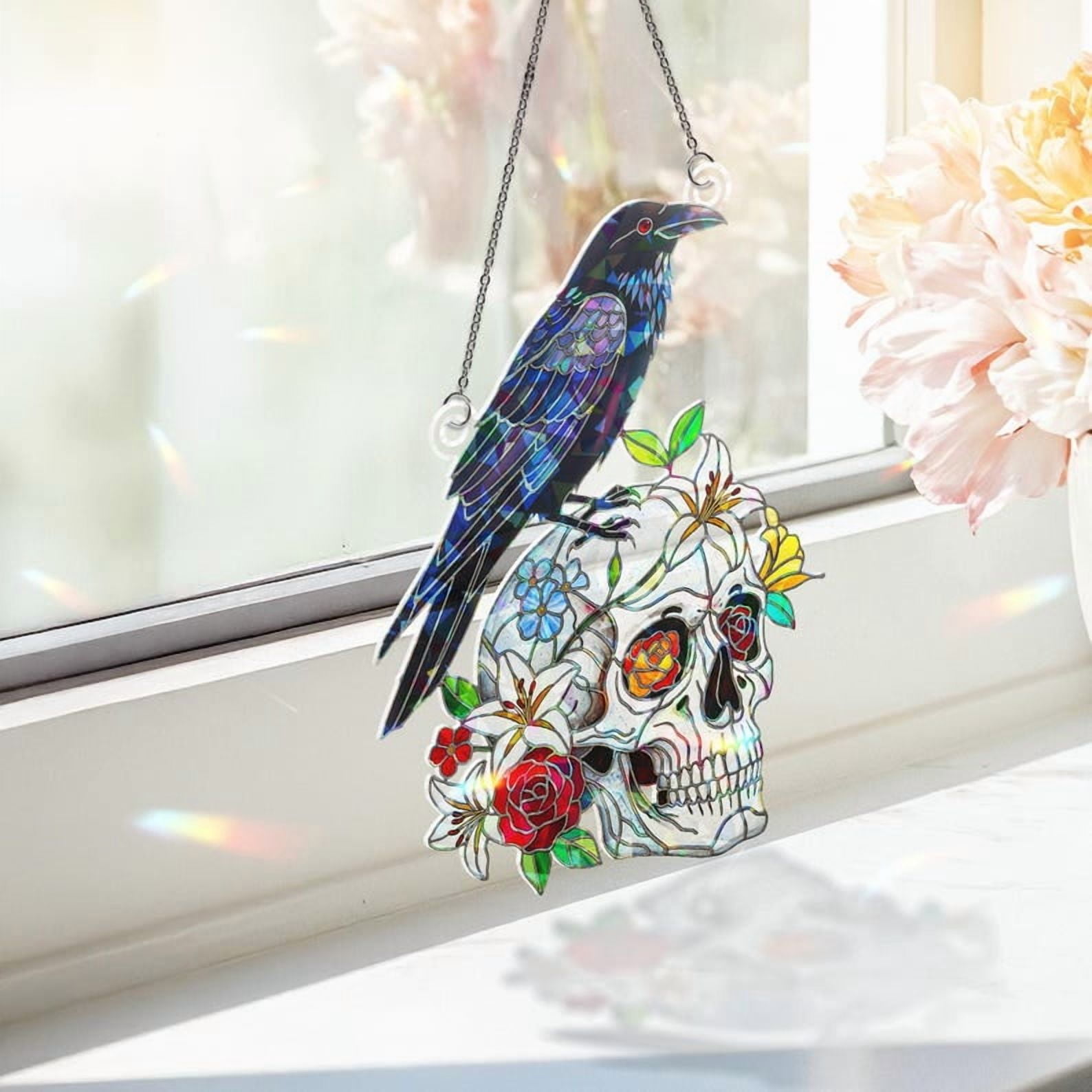 ViciArt Raven & Skull Holographic Acrylic Suncatcher – 4" Faux Stained Glass Window Hanging Decor