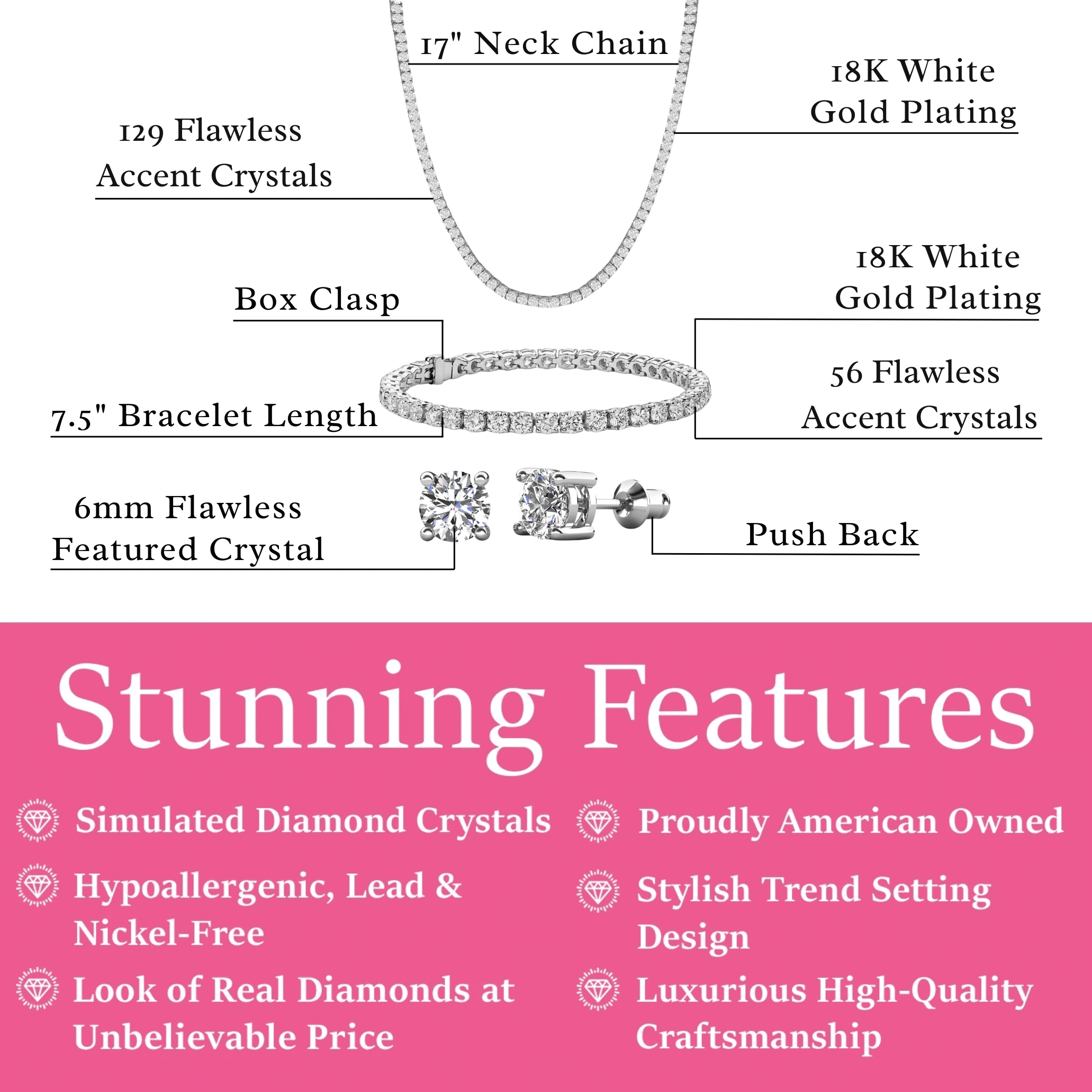 Cate & Chloe Pack of 3 - Kaylee 18k White Gold Plated Jewelry Set with Simulated Diamond Crystals