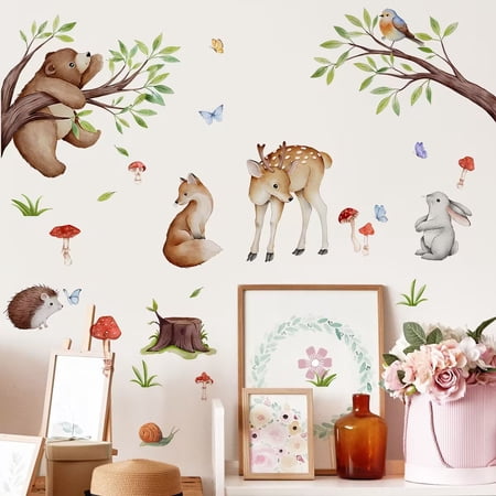 Woodland Animal Tree Branch Wall Decals Bear Fox Deer Forest Wall Stickers Kids Room Baby Nursery Bedroom Wall Decor