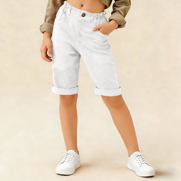 BRGZLK Girls' High-Waisted Solid Rolled-Cuff Half Pants Multi-Color Lightweight Linen Casual Trousers