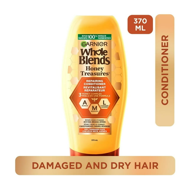 Garnier Whole Blends Honey Treasures Repairing Conditioner for Damaged and Dry Hair, Repairs Split Ends and Breakage, more Moisture, Paraben-Free, 370mL