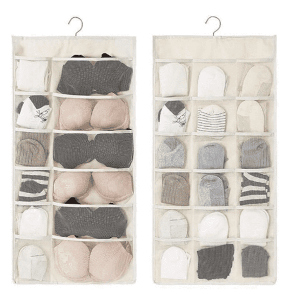 Closet Hanging Organizer with Mesh Pockets & Rotating Metal Hanger,Dual Sided Wall Shelf Wardrobe Storage Bags,Oxford Cloth Space Saver Bag for Bra Underwear Underpants Socks (white)