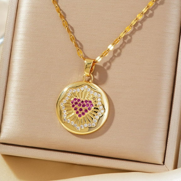 Hot Pink Heart with Cubic Zirconia Circle Pendant Necklace for Women Dainty Chain Simple Pendant Necklace for Women Jewelry Gift Hot Pink