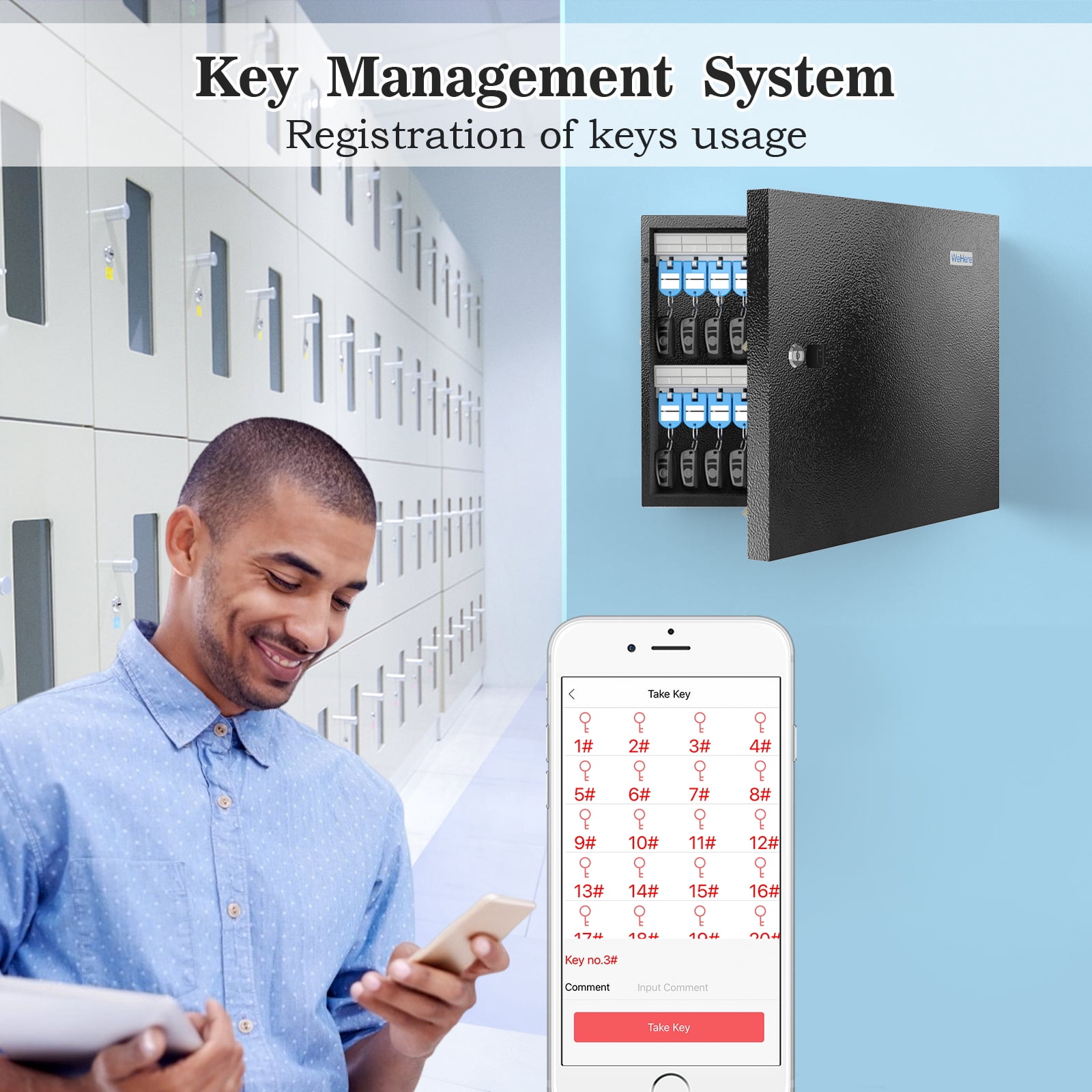 WeHere 48 Key Lock Box, Combination Key Cabinet Security Storage Lockbox for School, Valets, Hotels