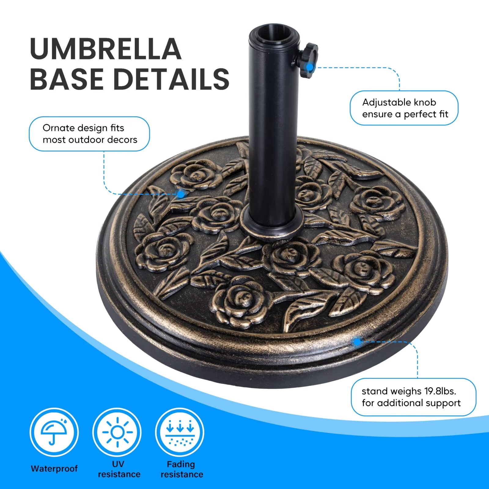 Simple Deluxe 17.91Inch 19.8 LBS Patio Umbrella Base Heavy Duty Market Umbrellas Round Stand for Outdoor, Poolside, Deck, Lawn, Garden, Bronze, Round