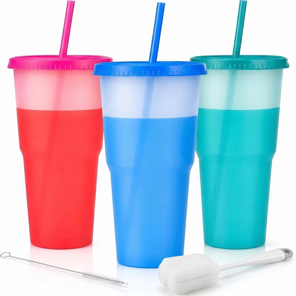 40 oz Plastic Cups with Lids and Straws, 3 Pack Color Changing Cups, Reusable BPA-Free Tumblers, Cold Drink Iced Coffee Cups for Party, Car, Travel, Women, Adults with 2 Cleaning Brush