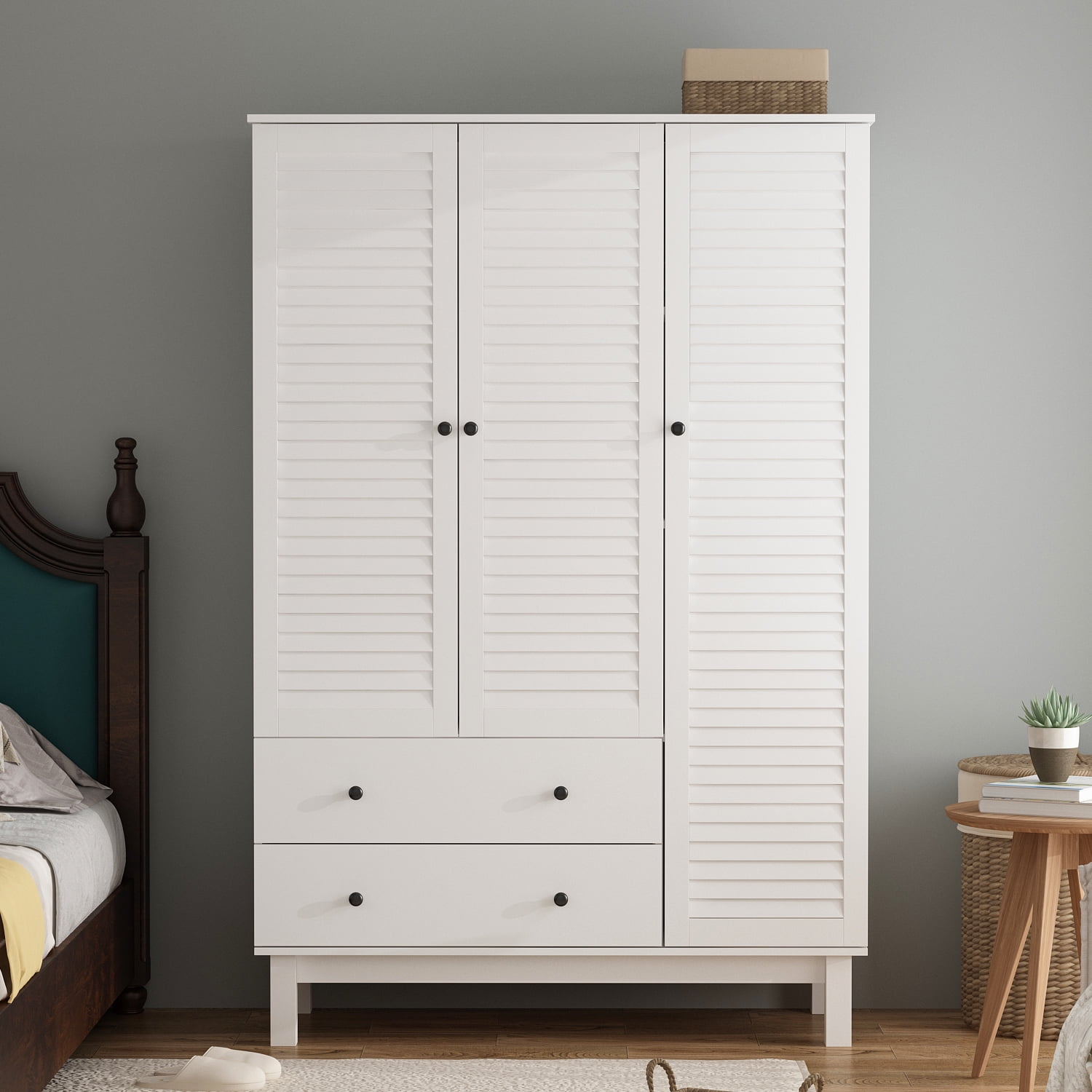 DiDuGo 3Door Wardrobe Armoire with 2 Drawers and Hanging Rod, Closet Storage Closet with Slat
