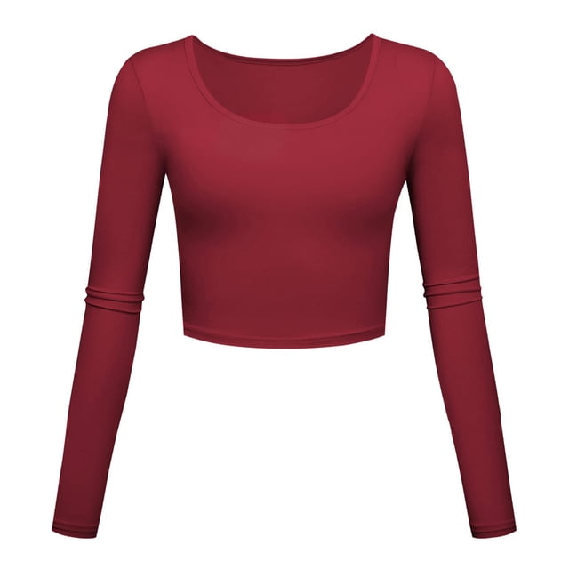 FAIWAD Womens Slim Crop Top Long Sleeve Basic Solid Color Skinny Stretch Roun Neck Pullover Top