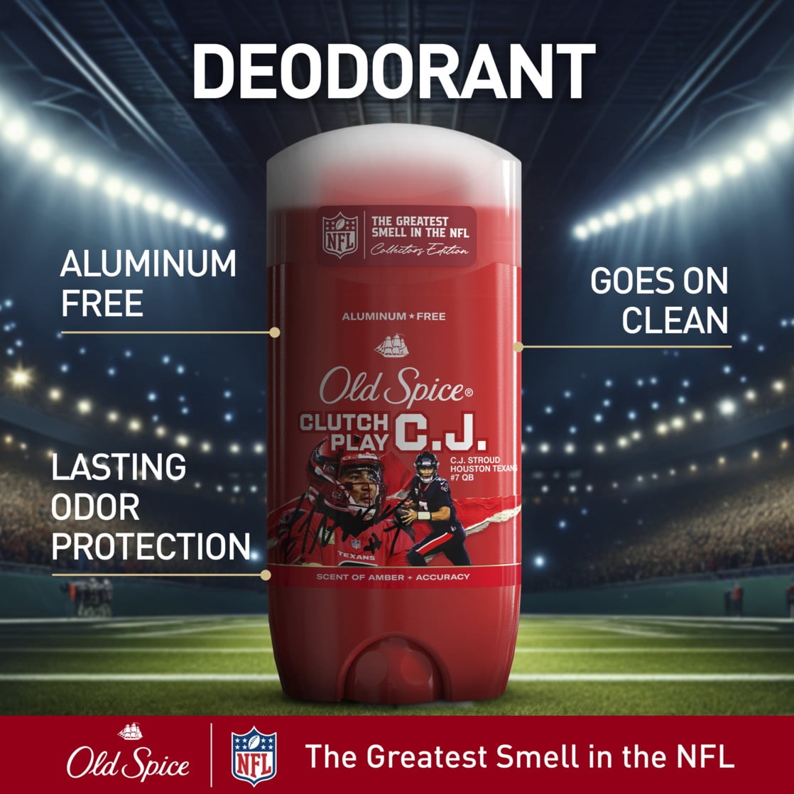 Old Spice Men's Aluminum Free Deodorant, NFL Collection, Clutch Play CJ Stroud, Amber + Accuracy Scent, 3oz