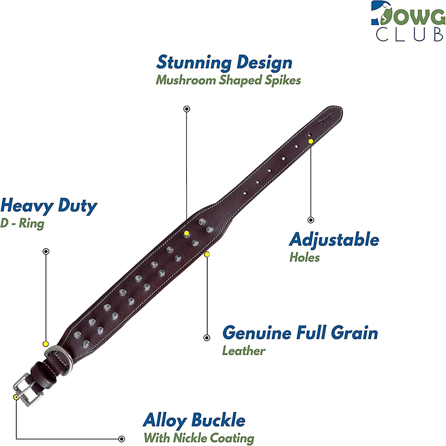 DowgClub | Genuine Leather Heavy Duty Spiked Dog Collar | Full Grain, Cushion Sheep napa padding Inside, Comfortable, Strong | Best for Medium, Large, X-Large Breeds | Cherry, Black, Pink, Tan |