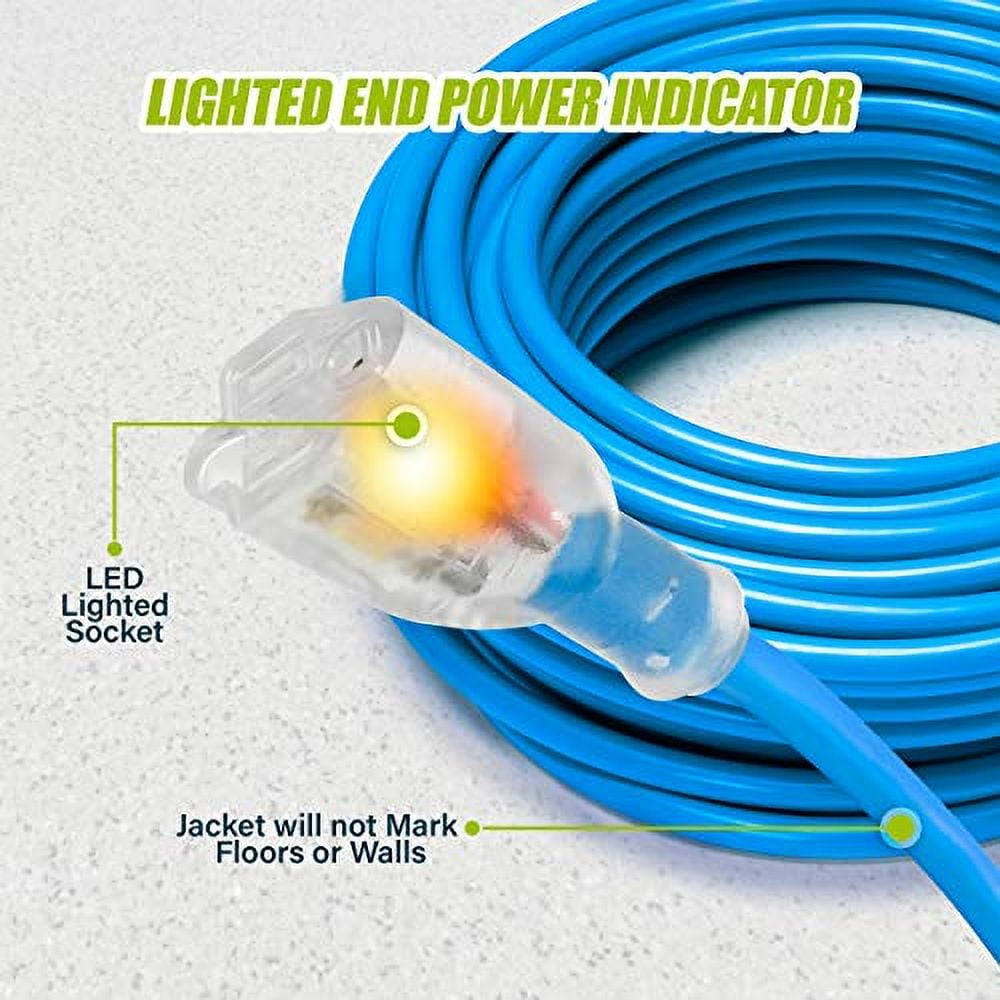 GEARit 14/3 Outdoor Extension Cord 100 Ft, SJEOW Extreme Heavy Duty for Cold Weather Indoor/Outdoor - Lighted LED Plug