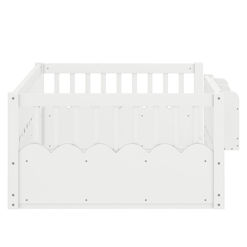 Twin Size Floor Bed with Heightened Fence, Kids Platform Bed Frame with No Slat, Montessori Storage Bed with Bookshelf