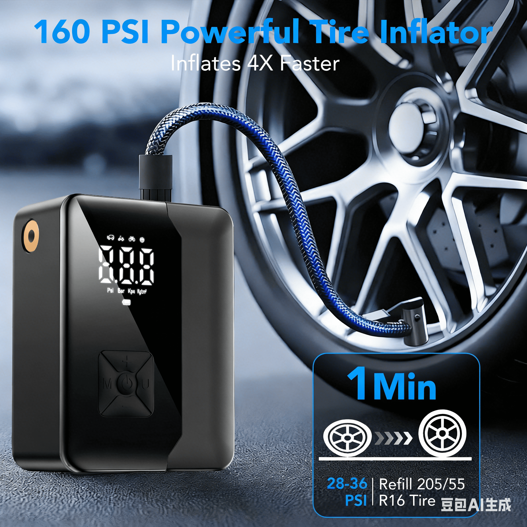 KT1 7200mAh Tire Inflator Portable Air Compressor with Digital Pressure Gauge, LED Light, 160PSI Fast Inflation for Car, Bikes, Sports Balls, Inflatable Toys, Perfect for Families, Outdoor, Indoor