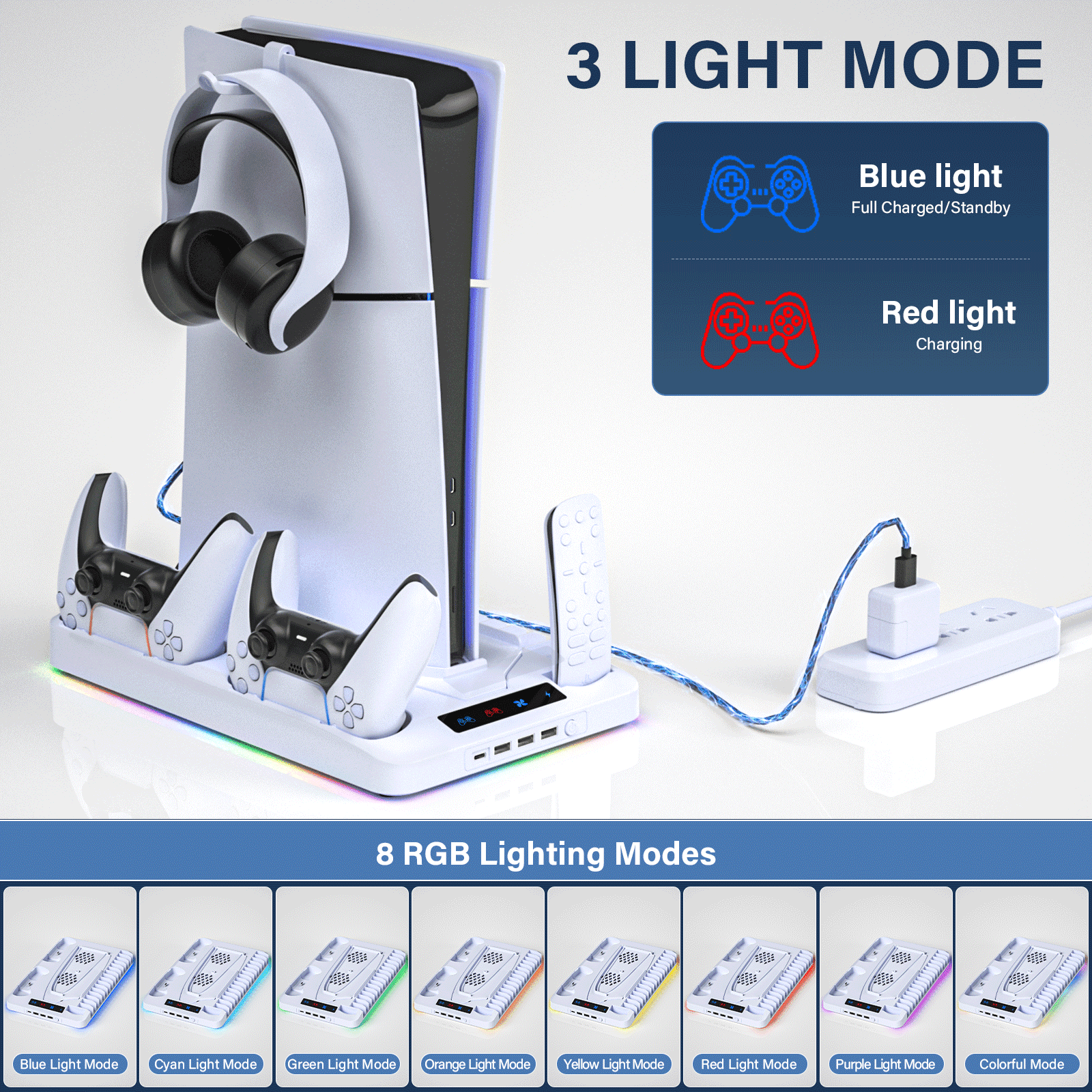PS5 Stand with Cooling Fan,PS5/PS5 Slim Stand and Cooling Station with Dual Controller Charging Station for PlayStation 5 Console,Controller Charger, Cooling Fan, Headset Holder, 3 USB Hub, White