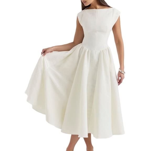 Women'S Corset Midi Dress Casual Flowy A Line Boat Neck Wedding Guest Dresses with Pockets Cream White M