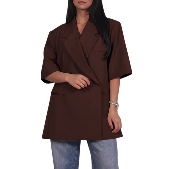 Women'S Half Sleeves Summer Suit Blazer Lapel Tuxedos Coat Leisure Casual Jacket Brown L