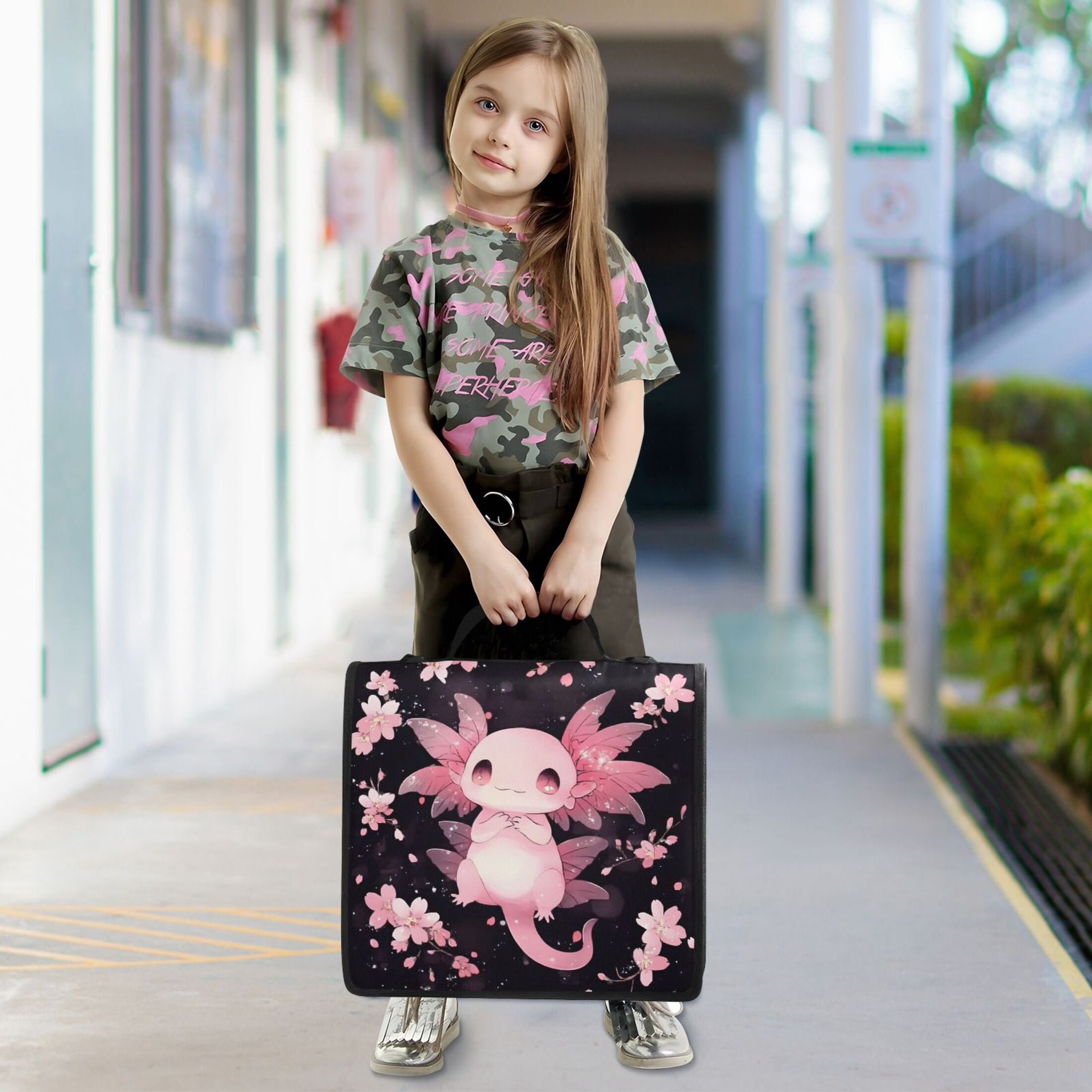 ALAZA Zipper Binder Bag Cute Axolotl Cherry Blossom 3 Ring File Folder Binder Organizer Bag