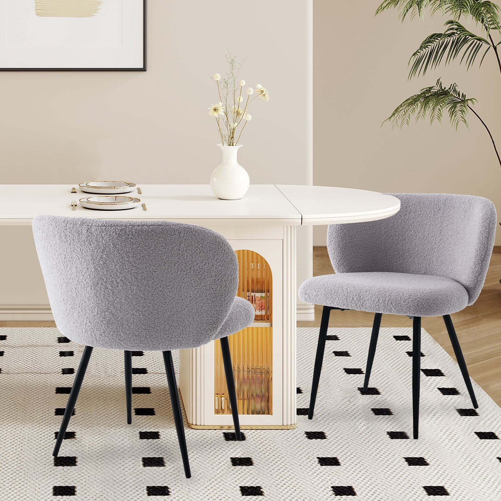 Rongbuk Modern Teddy Dining Chairs Set of 2, Comfy Kitchen Armless Chairs with Thick Cushions, Wingback Chair, Upholstered Dining Room Chairs with Metal Legs for Dining Room, Living Room, Grey