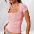 thumbnail image 1 of Camiseta Camisa básica de mujer Color sólido Top sin costuras Cuello cuadrado Ropa informal de calle Traje Kuymtek Rosa L para Mujer, 1 of 8