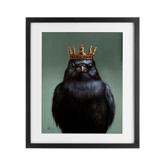 King Crow Portrait Black Framed Print Under Glass, design by Lucia Heffernan