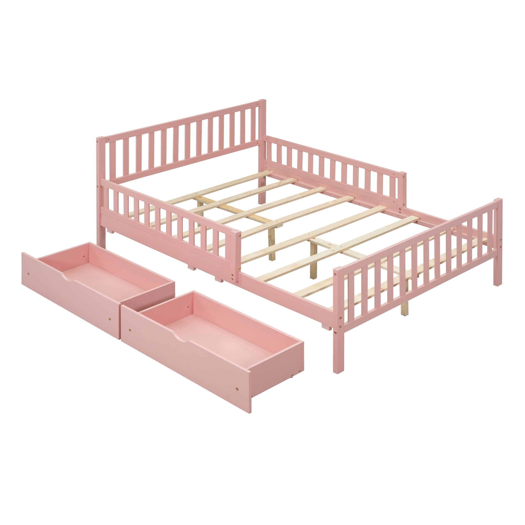 Aukfa Full Size Platform Bed with Storage Drawers and Safe Rails, Wood Bed Frame, Pink