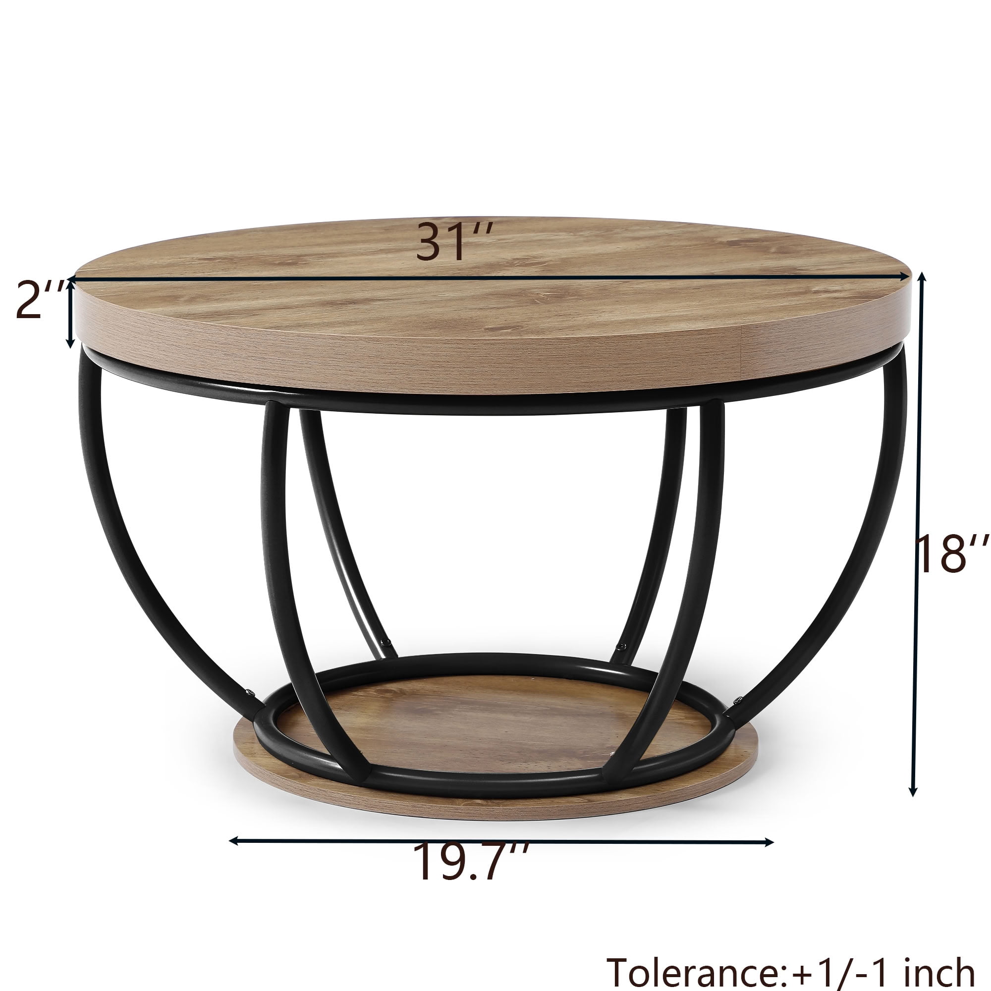 MAYEERTY 31 Inch Round Coffee Table, 2-Tier Cocktail Table with Metal Frame, Dual Storage Shelves for Living Room Apartment Home Office