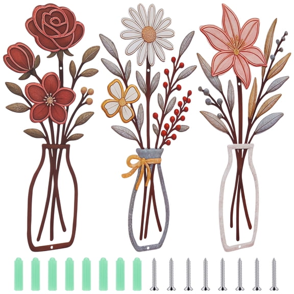 3 Pieces Metal Flowers Wall Arts-Minimalist Flower Wall Decors Rustic Farmhouse Decor Minimalist Flower Wall or Home Bedroom Dining Room Housewarming
