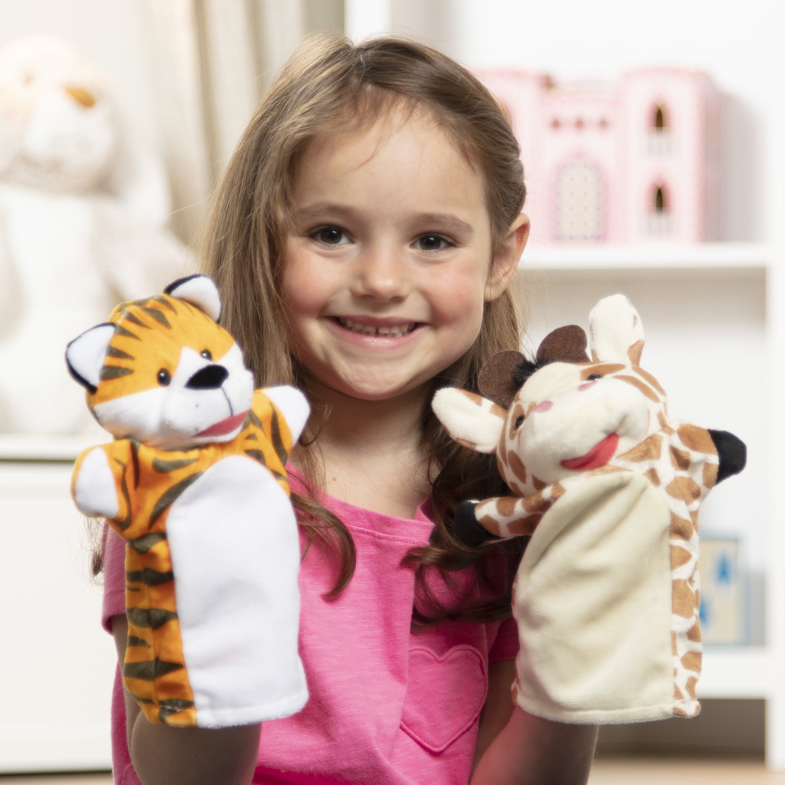 | Elephant Tiger & Monkey Stuffed Plush Animal Toys for Boys & Girls Preschool & Role-Play Giraffe Set of 4 Teaching Perfect for Storytelling Hand Puppets Jungle Friends 