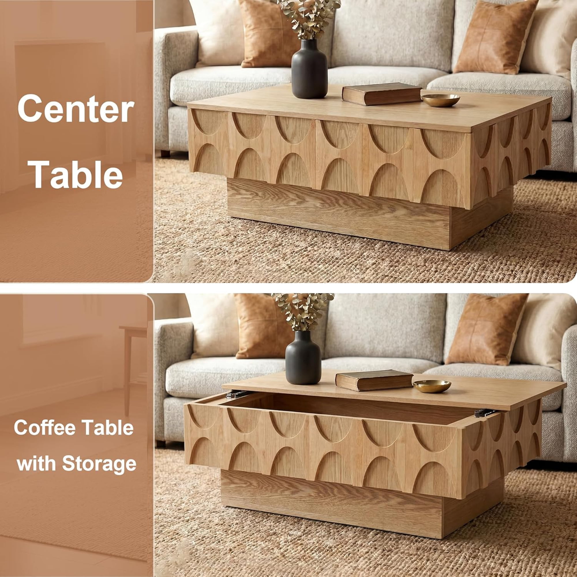 LKTART 38.6" Mid Century Modern Coffee Table with Sliding Top  Hidden Storage, Solid Wood Veneer Rectangle Center Table for Living Room Home, Natural