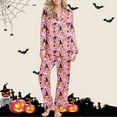 thumbnail image 2 of Halloween Pajamas Two Piece Silk Satin Soft Sleepwear Outfits Pumpkin Ghost Printed Button Down Long Sleeve Pajama with Pants Lounge Sets for Women Halloween Women Pjs Sets, 2 of 5