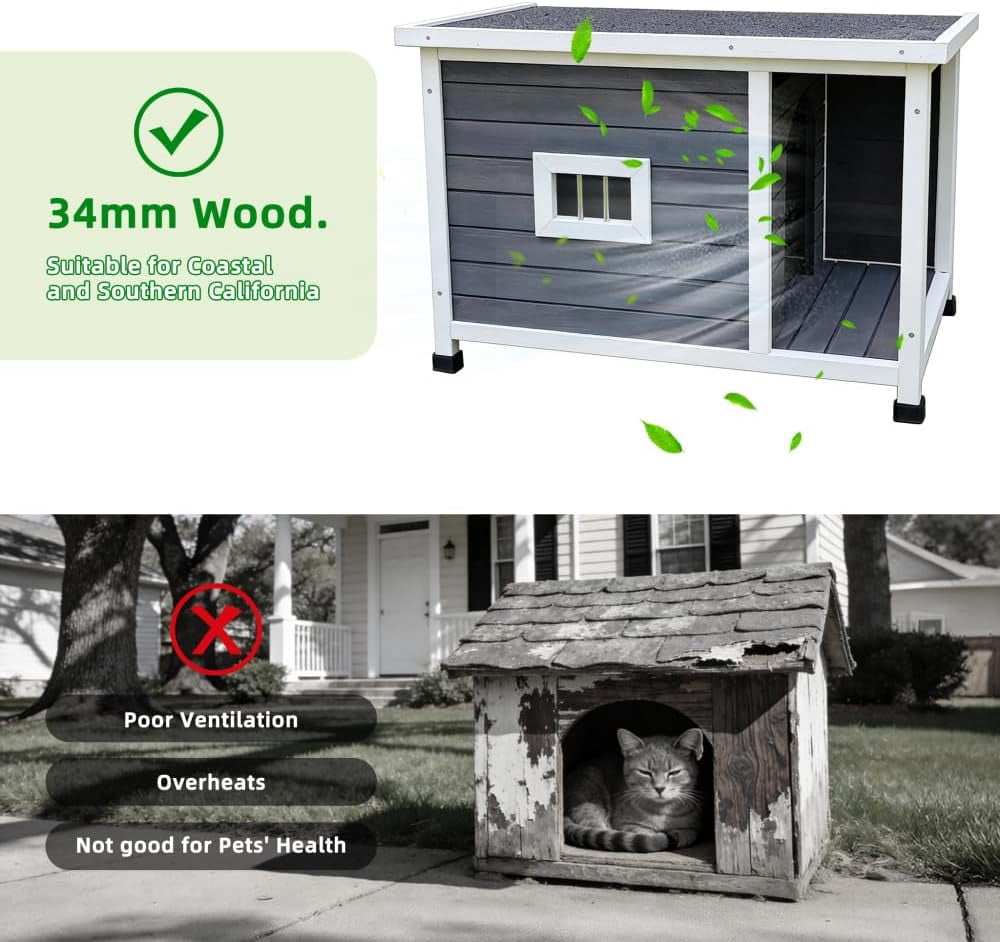 imerelez 33.5 inch Outdoor Gray Cat House with Waterproof Roof, Ventilated Windows, and Sturdy Metal Support – Spacious & Stylish Pet Shelter for Cats