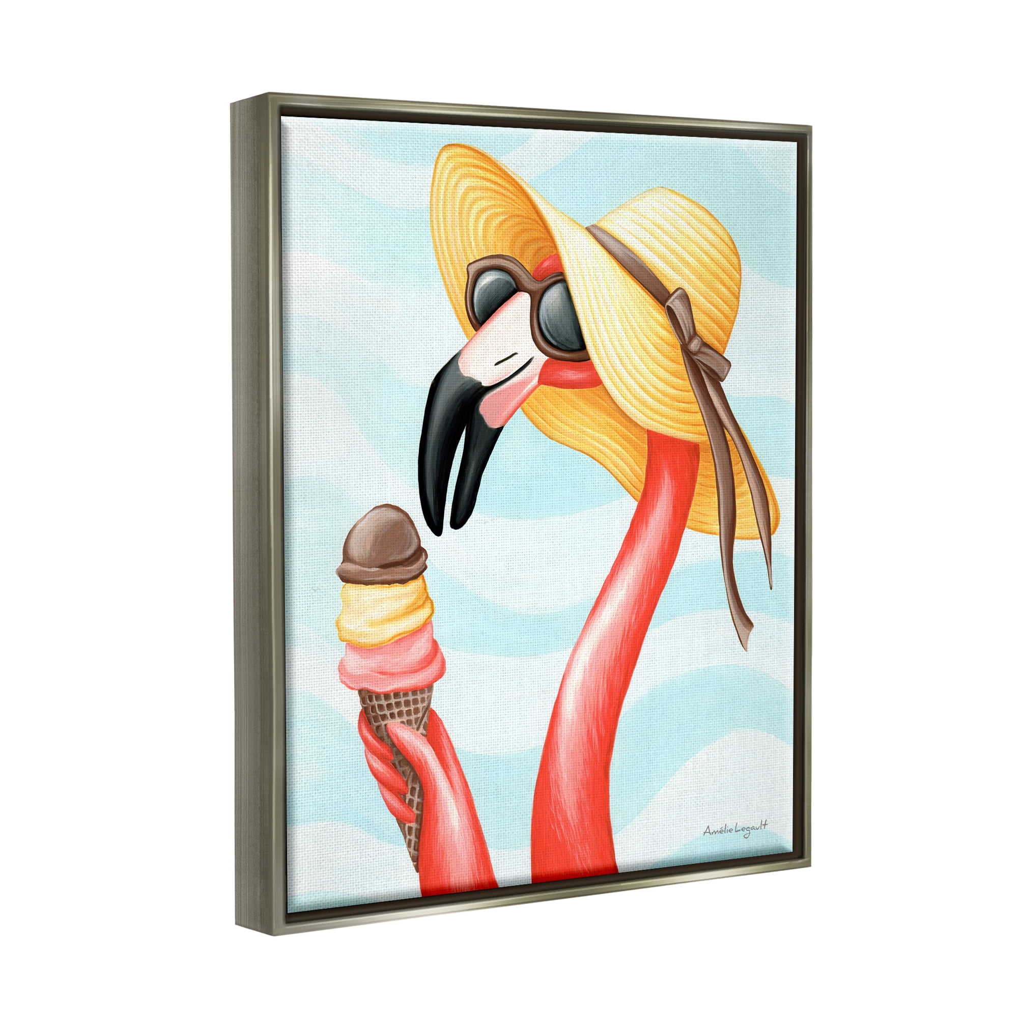 Stupell Industries Summertime Flamingo Sun Hat Enjoying Ice Cream Cone Graphic Art Luster Gray Floating Framed Canvas Print Wall Art, Design by Amelie Legault