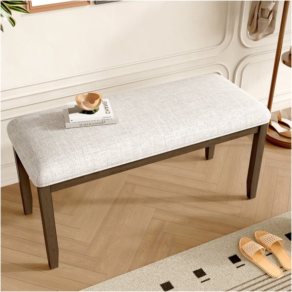 JERFIT Upholstered Entryway Bench with Solid Wood Legs, Padded Seat Cushion for Bedroom End of Bed, Living Room, Hallway, Dining Area, Beige and Brown