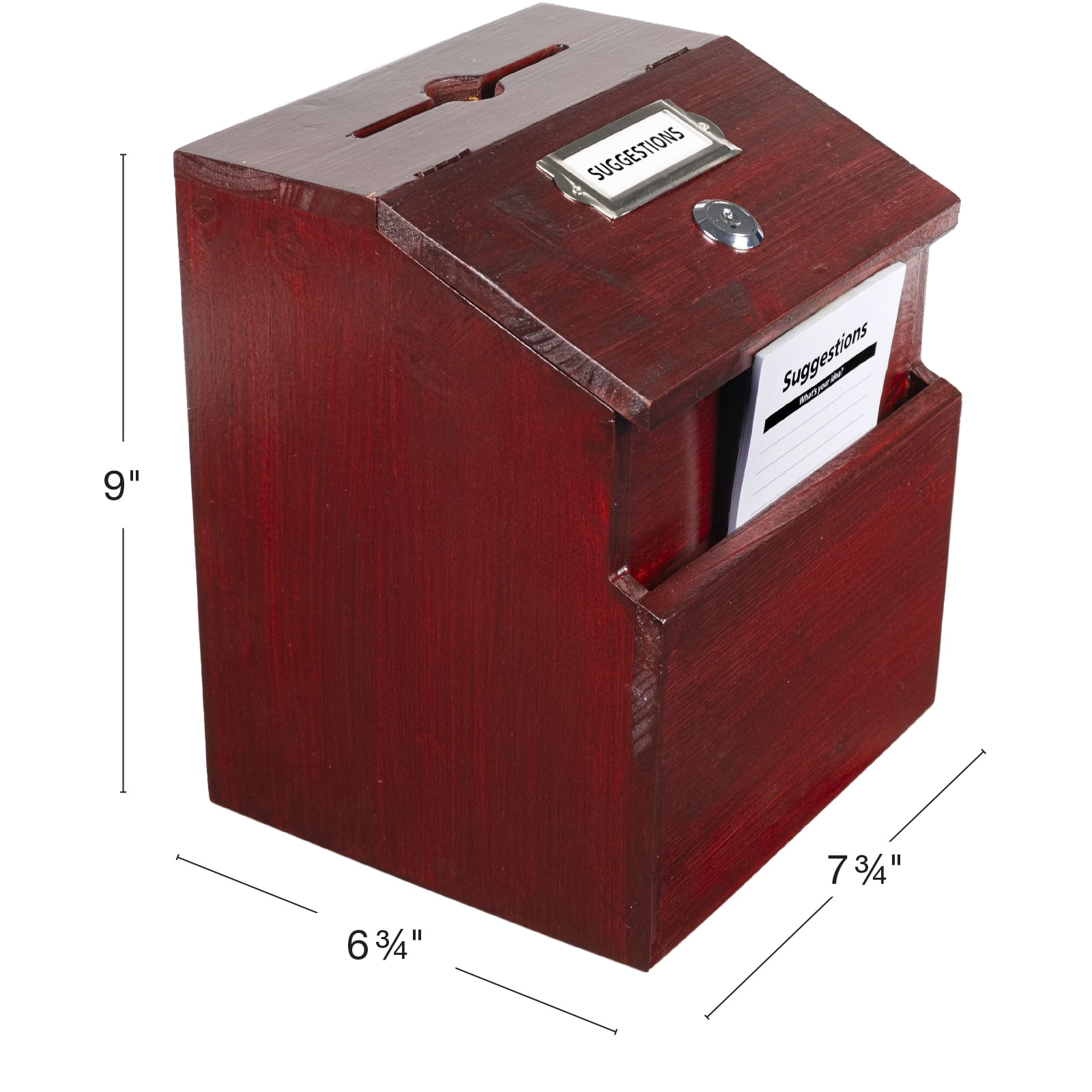 Excello Global Products Red Mahogany Suggestion Box with Lock: Wooden Ballot Comment Box, Wall Mounted or Freestanding. Includes Printed Labels & Suggestion Pads Cards - EGP-HD-0290
