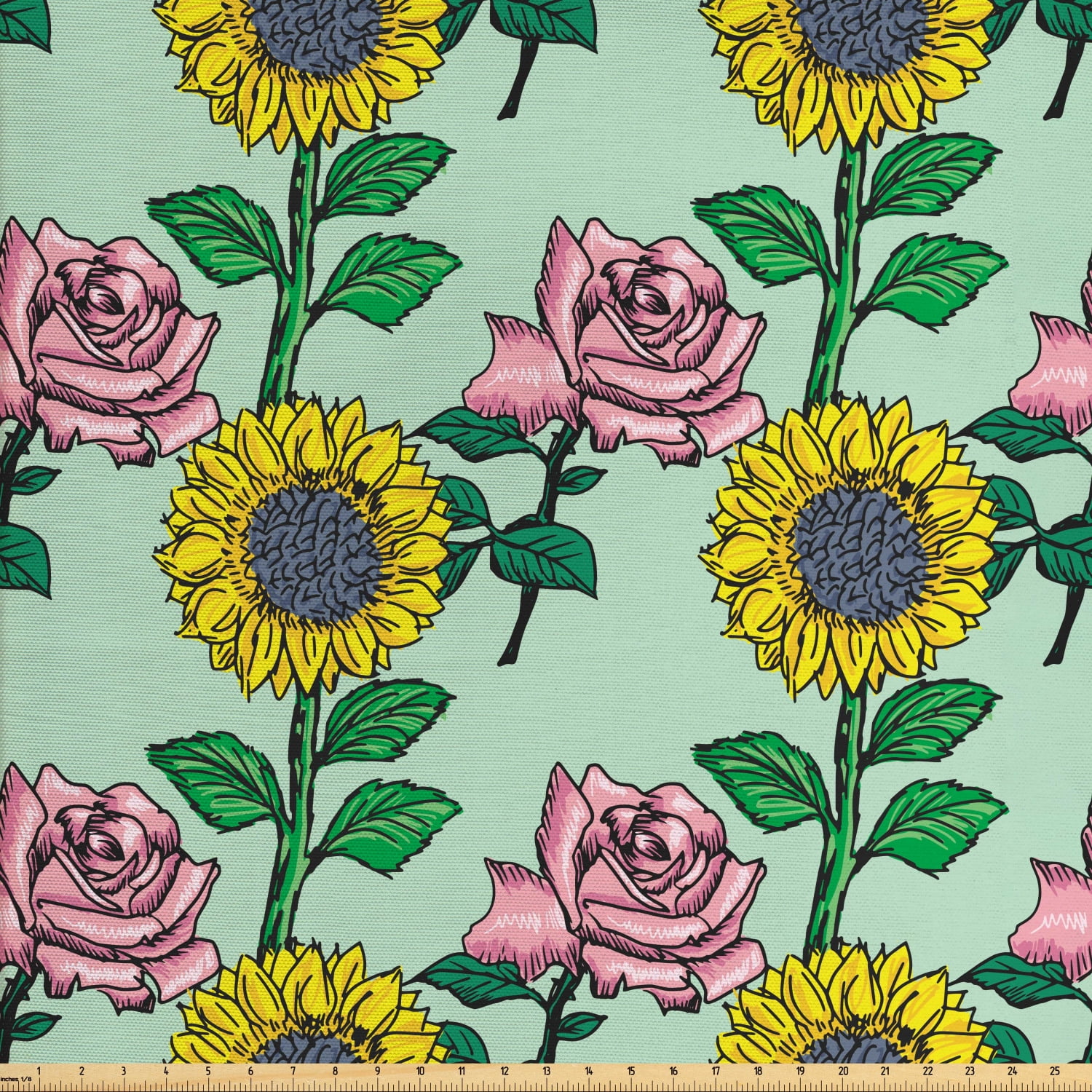 Flower Fabric by The Yard, Cartoonish Blossoming Sunflower and Roses