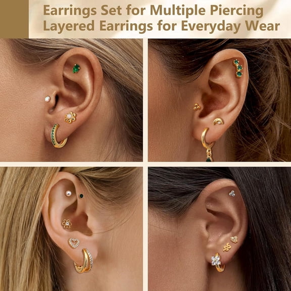 16G Flat Back Earrings for Women Stainless Steel Internally Threaded Cartilage Stud Earrings Butterfly Flatback Stud Earring Tragus Helix Body Piercing Jewelry Gold-19Pcs