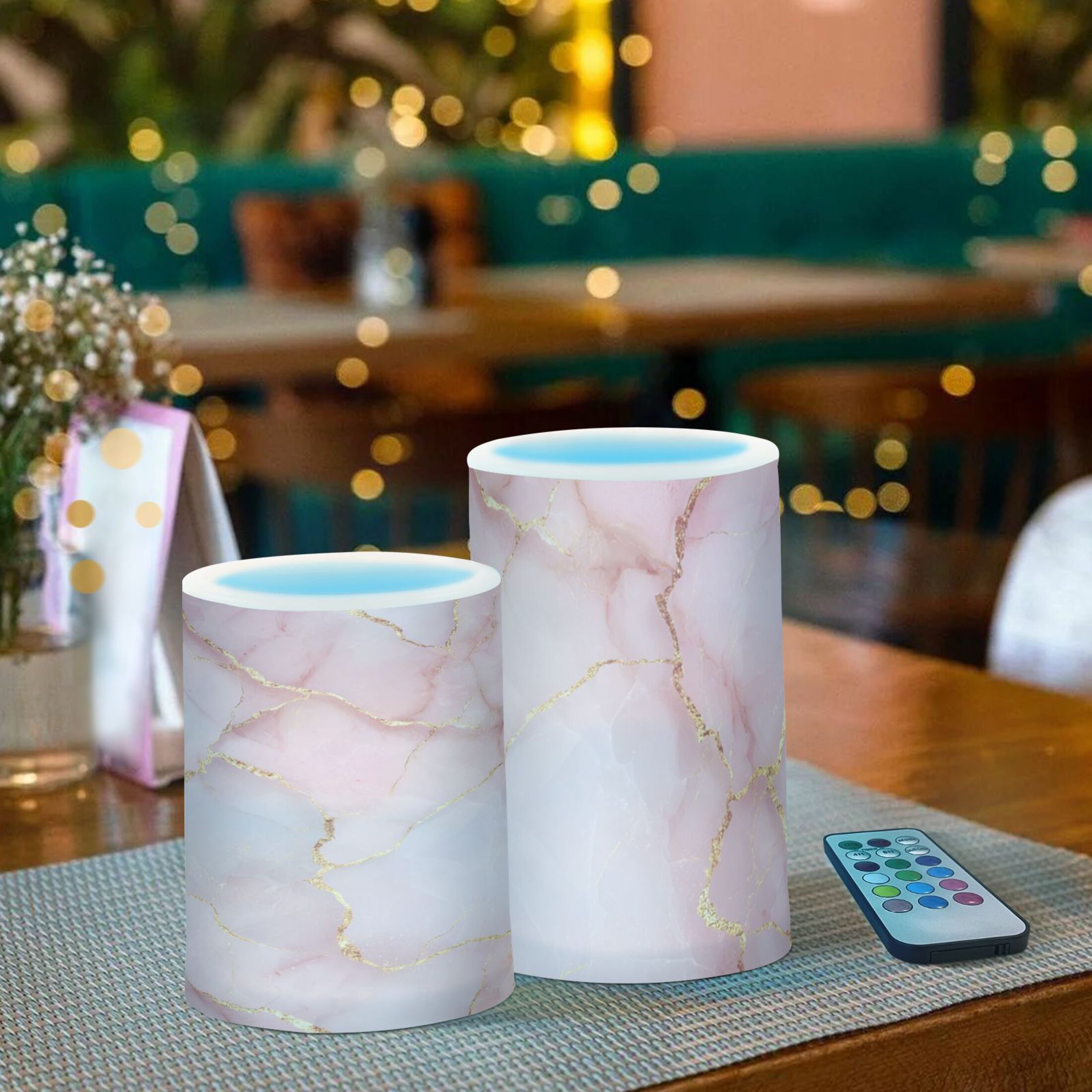Rose Gold Texture Flickering Flameless Candles Battery Operated with Remote Timer LED Pillar Candles Set of 2