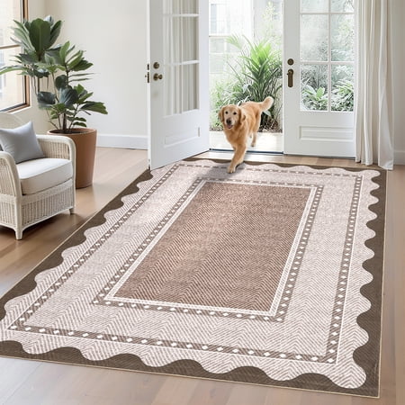 Washable Area Rugs 10x13 Modern Border Neutral Print Pattern Large Soft Rugs, Low Pile Non Slip Foldable Soft Carpet, Perfect for Living Room, Bedroom, Kids Room, Nursery, Red Brown