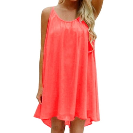 Women Spaghetti Straps Cut Out Back Chiffon Dress Deep Pink XL