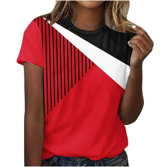 Womens Summer Tops Dressy Casual Color Block Crewneck Tshirts Short Sleeve Trendy Blouses Basic Loose Tunic Tee Tops