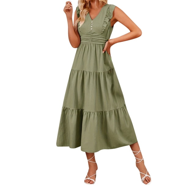 Vestido sin mangas jacquard liso con volantes para mujer: hombros descubiertos, fruncido, corte A en capas, poliéster-elastano, tallas S-XL