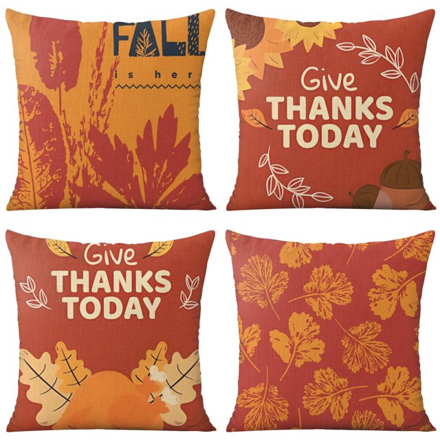 Happy Fall Maple Leaf Decorative Pillows Set Of 4, Linen Thanksgiving Throw Pillow Covers Linen Study Sofa Cushion Cover
