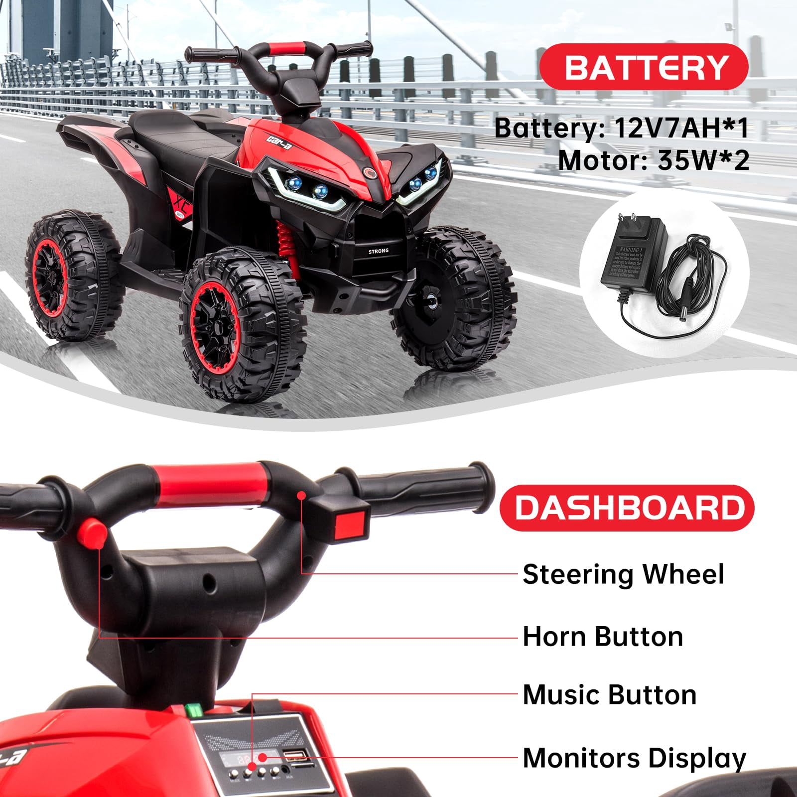 Accreate Battery Powered 12V Kids Electric ATV, Dual Motor 4-Wheeler with Parent Remote, Music Dashboard, 1.9–3.1 MPH, 7AH, Shock Absorber, Front Lights, for Children Ages 3–8, 40–60 Min Run Time