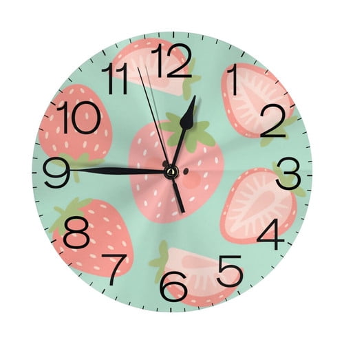 Zhmjortal 10 Inch Strawberry Pattern Wall Clock Silent Non Ticking Round Clock Battery Operated Fruit Clock Farmhouse Wall Clock for Living Room Kitchen Bedroom Office Decoration