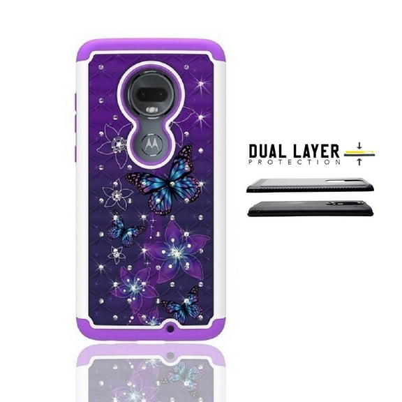 Phone Case for T-Mobile REVVLRY Plus, Studded Rhinestone Diamond Bling Shockproof Cover Case (Purple- Blue butterfly)