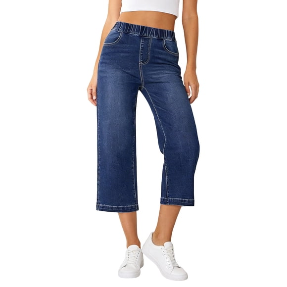 JFHHQ Women's Casual Straight Leg Ankle Jeans Elastic Waist Comfortable Stretch Denim Trousers for Daily Wear M Blue