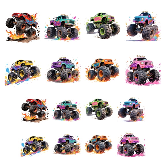 16 Sheets Iron on Transfers for T-Shirts Monster Truck DTF Transfers Ready to Press Washable Iron on Decals for Clothing Hat Bag Pillow DIY Crafts