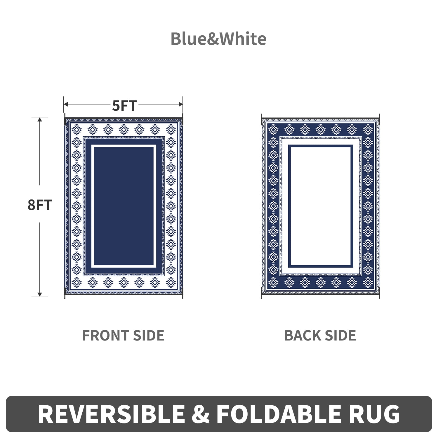 SIXHOME 5x8 Feet Waterproof Outdoor Rug - Reversible Blue & White Plastic Patio Mat, Non-Slip Durable Moroccan Geometric Design for Camping, RV, Balcony, Porch, Picnic